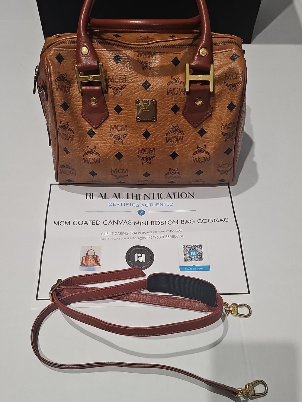 MCM Cognac Coated Canvas Satchel with Brown Trim & Gold Hardware